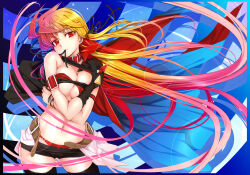  absurdres armband belt black_gloves black_ribbon black_thighhighs blonde_hair blush bracelet breasts breasts_squeezed_together cape cleavage collar earrings fate_testarossa female fingerless_gloves gloves hair_ribbon highres jewelry large_breasts long_hair lyrical_nanoha mahou_shoujo_lyrical_nanoha mikazuki_akira! mouth_hold multicolored_hair navel no_bra non-web_source panties pink_hair red_eyes red_panties red_ribbon ribbon ribbon_in_mouth single_glove solo thighhighs underwear 