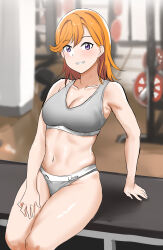  absurdres blurry blurry_background breasts commentary depth_of_field female grey_panties grey_sports_bra grin hand_on_own_thigh highres indoors kiru_(bsesso) looking_at_viewer love_live! love_live!_superstar!! medium_breasts medium_hair orange_hair panties purple_eyes shibuya_kanon sitting smile solo sports_bra sports_panties underwear underwear_only 