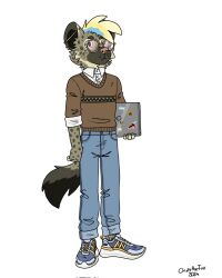  alex_the_yeen anthro bartek22 boots bottomwear brown_eyes clothing computer denim denim_bottomwear denim_clothing ear_piercing electronics eyewear footwear glasses hi_res holding_laptop holding_object hyena jeans laptop looking_forward male mammal nerd pants piercing round_glasses shirt shoes solo tail topwear 