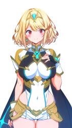  alternate_color blonde_hair breasts cowboy_shot earrings female highres jewelry kakk_e looking_at_viewer mythra_(xenoblade) pyra_(xenoblade) red_eyes short_hair simple_background smile solo swept_bangs tiara white_background xenoblade_chronicles_(series) xenoblade_chronicles_2 