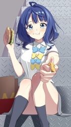  ahoge black_socks blue_bow blue_eyes blue_hair blush bow breasts burger collared_shirt eating female food food_on_face french_fries grey_skirt highres holding holding_burger holding_food incoming_food knee_blush large_breasts looking_at_viewer make_heroine_ga_oo_sugiru! medium_hair mochiya_verbeta multicolored_hair shirt short_sleeves sitting sitting_on_stairs skirt socks stairs streaked_hair summer_uniform thick_thighs thighs wavy_hair white_shirt yanami_anna yellow_bow 