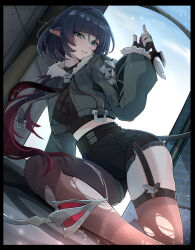  animal_ears black_gloves black_hair black_shorts blue_sky brown_pantyhose brown_thighhighs cloud cowboy_shot female fingernails fur-trimmed_jacket fur_trim gloves green_eyes grey_jacket high-waist_shorts highres jacket long_hair looking_at_viewer mouse_ears mouse_girl mouse_tail multicolored_hair nail_polish outdoors pantyhose qingye_ling red_hair red_nails shorts single_leg_pantyhose single_thighhigh sky smile solo tail thighhighs torn_clothes torn_pantyhose torn_thighhighs two-tone_hair zenless_zone_zero 