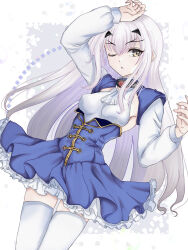  blue_dress breasts dress fate/grand_order fate_(series) female forked_eyebrows highres kawairuka_ko long_hair long_sleeves looking_at_viewer medium_breasts melusine_(fate) melusine_(second_ascension)_(fate) one_eye_closed sidelocks solo thighhighs thighs white_hair white_sleeves white_thighhighs yellow_eyes 