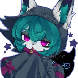  1:1 :o anthro buttoned_clothing clothing curled_hair ears_through_headwear eyelashes eyeshadow female female_focus flesh_fang green_hair grey_body hair hands_to_chest hands_together hi_res hood hoodie inner_ear_fluff kemono league_of_legends looking_at_viewer makeup multicolored_body nobu_(kanipan_oisii) open_mouth oversized_sleeves peek pupils purple_eyes riot_games shadow_(lol) shadow_creature short_hair simple_background slit_pupils solo spiral_eyes star tencent topwear tuft twitter_handle vex_(lol) white_background yordle 