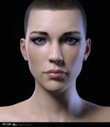  3d autodesk_3ds_max_(medium) black_background black_hair closed_mouth company_logo copyright_name dated eve_online eyeliner female lips logo looking_at_viewer makeup maya_(medium) mole nose official_art photorealistic pink_lips portrait realistic short_hair simple_background solo undoz very_short_hair zbrush_(medium) 