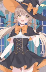  :d alternate_costume bat_(animal) black_capelet black_dress black_gloves blue_archive blush bow breasts brown_hair capelet cowboy_shot dress female frilled_gloves frills gloves halloween hat hat_bow hifumi_(blue_archive) highres kurumi_lm long_hair looking_at_viewer medium_bangs open_mouth short_dress sleeveless sleeveless_dress small_breasts smile solo standing teeth twintails upper_body upper_teeth_only very_long_hair window witch witch_hat yellow_eyes 