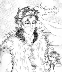  2022 artist_name bangs bent_arm black_eyebrows cloak clothed_female clothed_humanoid clothed_male clothing confusion dated dialogue dob_(oxventure) dot_eyes dungeons_and_dragons duo eyebrow_through_hair eyebrows facial_scar female fur_trim_(clothing) fur_vest grey_eyebrows grey_hair hair half-orc hand_on_head hasbro hi_res humanoid humanoid_pointy_ears inktober inktober_2022 long_hair looking_at_viewer male merilwen muscular muscular_humanoid muscular_male noseless not_furry oxventure pen_(artwork) randomthunk scar short_hair simple_background sparkles speech_bubble thin_eyebrows topwear traditional_media_(artwork) translucent translucent_hair vest wizards_of_the_coast wood_elf 