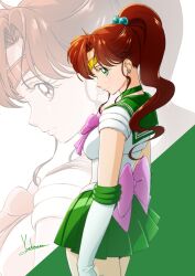  absurdres bishoujo_senshi_sailor_moon breasts brown_hair earrings female gloves green_eyes high_ponytail highres jewelry kino_makoto long_hair looking_at_viewer medium_breasts ponytail sailor_jupiter sailor_senshi_uniform shinohara_emi signature upper_body voice_actor_connection white_gloves yoshinaga_masahiro 