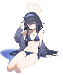  absurdres arm_support bikini black_hair blue_archive blue_bikini blue_eyes breasts cardigan cardigan_partially_removed chinese_commentary commentary_request cropped_legs crossed_bangs female grey_cardigan grin hair_between_eyes hairband halo highres jewelry lcy_bingzi light_blush long_hair long_sleeves looking_at_viewer medium_breasts navel necklace o-ring o-ring_bikini o-ring_bottom o-ring_top off_shoulder official_alternate_costume open_cardigan open_clothes purple_hairband side-tie_bikini_bottom simple_background sitting smile solo stomach string_bikini swimsuit ui_(blue_archive) ui_(swimsuit)_(blue_archive) v very_long_hair water_drop wet wet_clothes wet_swimsuit white_background yellow_halo 