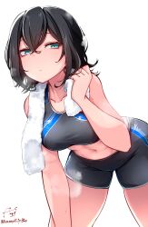  absurdres aqua_eyes baileys_(tranquillity650) bare_arms bent_over bike_shorts black_hair black_shorts breasts collarbone commentary_request crossed_bangs expressionless female hair_between_eyes highres looking_at_viewer medium_breasts navel original short_hair shorts signature simple_background solo sports_bra standing steam towel towel_around_neck white_background wide_hips 