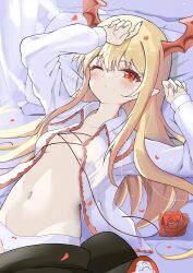  bat_wings blonde_hair buri-chan_(britishpine1989) dragalia_lost female flower granblue_fantasy head_wings highres midriff navel on_bed one_eye_closed open_clothes panties pointy_ears princess_connect! red_flower red_rose red_wings rose shingeki_no_bahamut solo underwear vampire vampy white_panties wings 