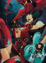  absurdres bare_shoulders black_hair bob_cut boots breasts choker cleavage electric_guitar female fingerless_gloves gloves guilty_gear guilty_gear_xrd guitar hat highres i-no instrument large_breasts looking_at_viewer mole mole_above_mouth o-ring o-ring_top red_footwear red_hat red_lips red_nails riftka short_hair solo thigh_boots tinted_eyewear witch_hat 