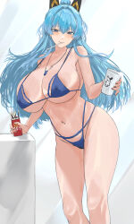  absurdres areola_slip bikini blue_bikini blue_eyes blue_hair breasts covered_nipples cowboy_shot cup food goddess_of_victory:_nikke hair_intakes helm_(nikke) highres holding holding_cup huge_breasts large_breasts navel nuo_(fttv3255) pocky swimsuit 