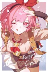  :p alternate_costume bag breasts character_name collared_shirt dated female fingerless_gloves ganada_404 gloves hairband hand_up happy_birthday highres looking_at_viewer looking_up medium_breasts official_alternate_costume one_eye_closed ootori_emu pink_eyes pink_hair ribbon shirt short_hair shorts simple_background solo tongue tongue_out 