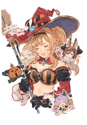  animal_ears black_gloves blonde_hair blowing_kiss bra breasts brown_horns cleavage closed_eyes detached_sleeves extra_ears galleon_(granblue_fantasy) gloves granblue_fantasy hair_intakes halloween_costume hat hibana_(hibana_ztlv) highres horns jack-o&#039;-lantern_head low_twintails multicolored_hair navel official_alternate_costume orange_bra pointy_ears pumpkin pumpkin_mask purple_hair satyr_(granblue_fantasy) star_(symbol) streaked_hair striped_bra striped_clothes twintails two-tone_bra underwear vaseraga vaseraga_(halloween)_(granblue_fantasy) vertical-striped_bra vertical-striped_clothes witch_hat zeta_(granblue_fantasy) zeta_(halloween)_(granblue_fantasy) 