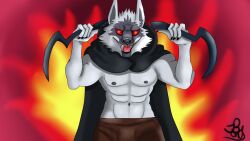  abs anthro biceps bottomwear canid canine canis cape cheek_tuft cloak clothing death_(puss_in_boots) dreamworks dual_wielding facial_markings facial_tuft fangs fire fire_background fur fuzzy head_markings hi_res holding_object holding_weapon jbond looking_at_viewer male mammal markings mask_(marking) muscular muscular_anthro muscular_male narrowed_eyes navel nipples open_mouth pants puss_in_boots_(dreamworks) raised_arms red_eyes sickle smile solo standing teeth teeth_showing tuft weapon white_body white_fur wolf 