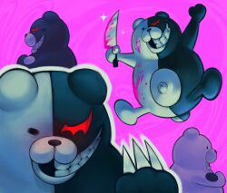  blood danganronpa:_trigger_happy_havoc danganronpa_(series) grin heterochromia highres holding holding_knife knife lynn_(daisiloou) monokuma no_humans pink_background pink_blood red_eyes smile sparkle teeth 