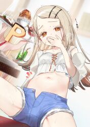  1boy arms_up balancing_on_head belly black_hair blonde_hair blush bustier collarbone colored_eyelashes commentary_request covered_mouth denim denim_shorts drink drinking_straw earrings egg_(food) female food frilled_bustier full_stomach gakuen_idolmaster hair_behind_ear hair_tie highres ice_cream idolmaster indoors jacket jewelry long_hair meat necktie omelet omurice oomabiblogo2 open_clothes open_fly open_jacket open_shorts orange_eyes outie_navel p-head_producer panties producer_(idolmaster) red_necktie rice shinosawa_hiro shorts single_earring single_off_shoulder sitting spread_legs strap_slip sweat thick_eyelashes underwear white_bustier white_jacket white_panties white_sleeves 