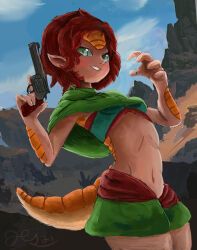  5_fingers animal_humanoid armadillo armadillo_humanoid bent_arm blue_sky blush bottomwear clothing cloud colored crop_top day desert digital_media_(artwork) digital_painting_(artwork) female fingers green_bottomwear green_clothing green_crop_top green_eyes green_shawl green_shirt green_skirt green_topwear gun hair handgun hi_res holding_gun holding_handgun holding_object holding_ranged_weapon holding_revolver holding_weapon humanoid light lighting looking_at_viewer mammal mammal_humanoid mythrava navel orange_body orange_skin orange_tail outside pupils ranged_weapon red_hair revolver rock shaded shawl shirt short_hair signature skirt sky slim_anthro slim_female slit_pupils smile smiling_at_viewer solo standing tail tailed_humanoid tan_body tan_skin tan_tail topwear weapon xenarthran xenarthran_humanoid zola_hornfel 