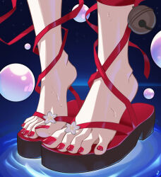  absurdres artist_logo bell blue_background bubble commentary english_commentary feet feet_only female flower foot_focus footwear_flower gradient_background highres honkai:_star_rail honkai_(series) jingle_bell lace-up_legwear mohoshadream nail_polish okobo platform_footwear red_footwear red_nails ripples sandals simple_background solo sparkle_(honkai:_star_rail) standing standing_on_liquid tiptoes toenail_polish toenails water wet white_flower 