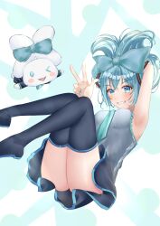  1other absurdres arm_up armpits black_footwear black_skirt blue_background blue_bow blue_eyes blue_hair blue_nails blue_necktie blue_trim boots bow breasts cinnamiku cinnamoroll colored_shoe_soles female full_body grey_shirt grin hair_ornament hairbow hand_up hatsune_miku highres looking_at_viewer medium_breasts medium_hair necktie open_mouth sanrio shirt skirt sleeveless sleeveless_shirt smile thigh_boots two-tone_background updo vocaloid w white_background yaamodo_seijin 