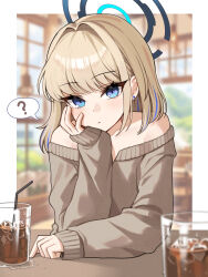  ? alternate_costume arm_on_table blonde_hair blue_archive blue_eyes blue_hair blue_halo blurry blurry_background border brown_sweater closed_mouth commentary_request cup ddungddang drink drinking_glass drinking_straw earrings elbow_on_table elbow_rest expressionless female halo hand_on_own_cheek hand_on_own_face head_rest highres ice ice_cube indoors jewelry korean_commentary light_blush long_hair long_sleeves looking_at_viewer multicolored_hair off-shoulder_sweater off_shoulder outside_border solo spoken_question_mark streaked_hair stud_earrings sweater toki_(blue_archive) white_border 