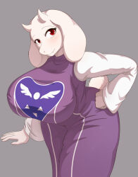  anthro big_breasts biped boss_monster_(undertale) breasts clothed clothing eyelashes female fur grey_background hi_res huge_breasts looking_at_viewer mature_female pupils purple_clothing red_eyes simple_background solo son2j toriel undertale_(series) white_body 