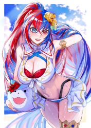  akitsu_123 alear_(female)_(fire_emblem) alear_(female)_(seaside_dragon)_(fire_emblem) alear_(fire_emblem) bikini blue_bikini blue_eyes blue_hair breasts character_ball cleavage crossed_bangs female fire_emblem fire_emblem_engage fire_emblem_heroes heterochromia highres large_breasts long_hair multicolored_clothes multicolored_hair official_alternate_costume official_alternate_hairstyle ponytail red_bikini red_eyes red_hair solo sommie_(fire_emblem) split-color_hair swimsuit two-tone_hair very_long_hair white_bikini 