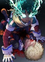  2boys all_fours arm_support bakugou_katsuki bandaged_arm bandages belt black_footwear blank_eyes blonde_hair blood blood_from_mouth blood_on_face blood_on_gloves blood_on_ground blood_on_mouth blood_on_neck blood_splatter blurry blurry_background bodysuit boku_no_hero_academia boots buckle cape chromatic_aberration closed_eyes colored_shoe_soles corpse crying crying_with_eyes_open curly_hair depth_of_field electricity eyelashes foreshortening freckles gloves glowing_sclera green_bodysuit green_gloves green_hair high_collar highres hole_in_chest hole_on_body knee_boots knee_pads lying male_focus mask mask_around_neck medium_bangs midoriya_izuku misu_(ms.) mouth_mask multicolored_clothes multicolored_gloves multiple_boys official_alternate_costume on_back orange_gloves profile sad scowl short_hair single_horizontal_stripe single_vertical_stripe single_wrist_guard snap-fit_buckle spiked_hair spoilers teardrop tears torn_cape torn_clothes two-tone_gloves yellow_cape yukadon 