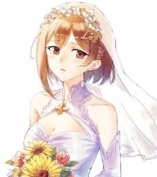  atelier_(series) atelier_ryza bare_shoulders bouquet breasts bridal_veil bride brown_eyes brown_hair cleavage commentary_request dress elbow_gloves female flower gloves hair_flower hair_ornament hari_(gorse6my) holding holding_bouquet looking_at_viewer official_alternate_costume open_mouth reisalin_stout short_hair simple_background solo upper_body veil wedding_dress white_background yellow_flower 