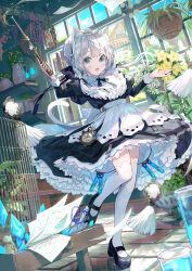  absurdres animal_ears apron birdcage black_bow black_dress black_footwear blush bow cage cat_ears cat_girl cat_tail clock dress female flower flying_paper frilled_apron frilled_skirt frills grey_eyes grey_hair highres holding holding_wand indoors long_hair long_sleeves looking_at_viewer maid maid_apron maid_headdress negimapurinn open_mouth original paper plant potted_plant puffy_sleeves skirt smile solo tail thighhighs wand white_apron white_thighhighs window 