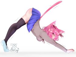  animal_ear_fluff animal_ears arched_back artist_logo artist_name ass black_thighhighs blazer blue_skirt blush bob_cut bow bowtie breasts cat_ears cat_tail closed_mouth clothes_lift commentary curled_fingers doki_doki_literature_club eyelashes female floating_hair from_side grey_jacket hair_ornament hair_ribbon heel_up highres jacket kemonomimi_mode long_sleeves loose_hair_strand motion_lines natsuki_(doki_doki_literature_club) neck_ribbon oerba_yun_fang pleated_skirt red_bow red_bowtie red_ribbon ribbon school_uniform shirt shoes short_hair signature simple_background skin_fang skirt skirt_lift small_breasts solo stele_(eletsy) stretching swept_bangs tail tail_raised thighhighs top-down_bottom-up trembling twitter_username two_side_up v-shaped_eyebrows watermark web_address white_background white_footwear white_shirt x_hair_ornament 