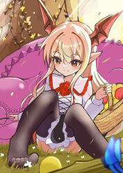  bat_wings blonde_hair bug buri-chan_(britishpine1989) butterfly dragon female flower frilled_skirt frills fruit_basket granblue_fantasy head_wings highres malinda_(shingeki_no_bahamut) panties petticoat pointy_ears princess_connect! red_flower red_rose red_wings rose shingeki_no_bahamut skirt thighhighs underwear vampire vampy white_panties wings 