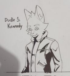  2024 anthro capcom character_name cheek_tuft clothed clothed_anthro clothed_male clothing cosplay domestic_cat dudle_(dudles) dudles eyebrows facial_tuft felid feline felis fur grey_body grey_clothing grey_fur grey_jacket grey_topwear half-length_portrait hi_res jacket leon_kennedy male mammal mouth_closed pen_(artwork) pockets portrait pupils resident_evil shirt simple_background slit_pupils solo text topwear traditional_media_(artwork) tuft 