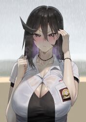  :i absurdres black_hair blush bracelet breasts brown_eyes cleavage clenched_hand closed_mouth collarbone collared_shirt commentary english_commentary female hair_between_eyes hands_up highres indonesian_flag indonesian_high_school_uniform jewelry large_breasts looking_at_viewer medium_hair necklace original pout rain school_uniform see-through shirt short_sleeves solo suggestive_fluid upper_body v-shaped_eyebrows wet wet_clothes wet_shirt white_shirt zaenathi 