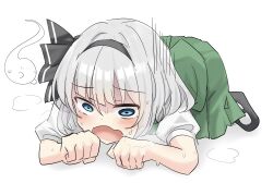  all_fours black_bow black_footwear black_hairband blue_eyes bow bow_hairband breath choppy_bangs clenched_hands commentary empty_eyes female full_body furrowed_brow ghost green_skirt green_vest grey_hair hair_intakes hairband highres konpaku_youmu konpaku_youmu_(ghost) light_blush mary_janes open_mouth pleated_skirt puffy_short_sleeves puffy_sleeves scared shirt shoes short_hair short_sleeves sidelocks simple_background skirt skirt_set solo sweat touhou vest white_background white_shirt youmu-kun 