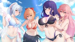  4girls :o alpha_zwei alternate_costume bare_shoulders bikini black_bikini black_panties black_sarong blue_bikini blue_eyes blue_pants blue_sky blush bow bracelet breasts check_commentary chest_tattoo cleavage cloud commentary_request cowboy_shot day fingernails flower_tattoo genshin_impact grabbing_another&#039;s_breast groping hair_between_eyes hairbow hand_on_own_hip hand_up hands_up high_ponytail highres jewelry kamisato_ayaka large_breasts long_hair looking_at_viewer medium_breasts multiple_girls navel necklace off_shoulder open_clothes open_shirt orange_eyes orange_hair outdoors panties pants parted_lips pearl_bracelet pink_hair purple_eyes purple_hair raiden_shogun red_bikini red_bow sarong shirt sideboob sky smile stomach sunlight swimsuit tattoo teeth underwear very_long_hair white_bikini white_hair white_panties white_shirt yae_miko yoimiya_(genshin_impact) 