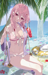  :o a-tora bikini breasts cherry cleavage collarbone commentary cowboy_shot cup drinking_glass female floral_print flower food frilled_bikini frills front-tie_bikini_top front-tie_top fruit fyu-neru glass guilty_crown hair_ornament hair_tubes head_tilt highres holding holding_cup holding_rope horizontal-striped_bikini innertube lower_teeth_only navel outdoors palm_tree pink_bikini pink_hair red_eyes rope sitting small_breasts solo_focus striped_bikini striped_clothes swim_ring swimsuit swing teeth tree tropical_drink water waterfall yellow_innertube yuzuriha_inori 