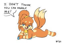  2_tails battle_fennec blue_eyes buizel female generation_4_pokemon hair hi_res lying mammal multi_tail mustelid musteline nintendo on_front orange_body otter pokemon pokemon_(species) ponytail smug sondra_(battle_fennec) suggestive_pose tail teasing true_musteline weasel 