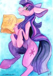  book ears_back equid equine female feral friendship_is_magic hasbro hi_res hooves horn horse looking_at_viewer mammal my_little_pony mythological_creature mythological_equine mythology pivoted_ears pony smile solo stirren traditional_media_(artwork) twilight_sparkle_(mlp) unicorn 