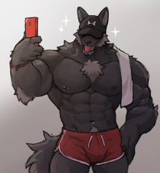  2024 abs anthro barazoku barbell_piercing biceps big_muscles biped black_body black_fur boxers_(clothing) boxers_only canid canine canis clothed clothing dark4202n fur hat_over_eyes looking_at_viewer male mammal muscular muscular_anthro muscular_male nipple_barbell nipple_piercing nipples pecs piercing red_boxers red_clothing red_underwear selfie shirtless_anthro shirtless_male solo tongue tongue_out topless underwear underwear_only wolf 