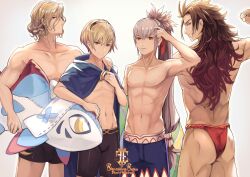  4boys armpits ass black_hairband blonde_hair blue_cape brothers brown_hair cape copyright_name fire_emblem fire_emblem_fates fire_emblem_heroes flexing fundoshi grey_hair hairband hand_on_another&#039;s_shoulder holding holding_swim_ring innertube jammers japanese_clothes kurosawa_tetsu leo_(fire_emblem_fates) leo_(summer)_(fire_emblem) long_hair looking_at_viewer looking_back male_focus male_swimwear multiple_boys muscular muscular_male navel no_nipples official_alternate_costume pectorals ponytail red_fundoshi ryoma_(fire_emblem) ryoma_(hostile_springs)_(fire_emblem) short_hair siblings simple_background swim_ring swim_trunks takumi_(fire_emblem) takumi_(summer)_(fire_emblem) thighs toned toned_male topless_male very_long_hair xander_(fire_emblem) xander_(summer)_(fire_emblem) 