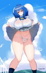  absurdres belly blue_hair breasts clothes_lift cloud female hetani312 highres large_breasts looking_at_viewer make_heroine_ga_oo_sugiru! navel panties school_uniform skirt skirt_lift thick_thighs thighs underwear white_panties yanami_anna 