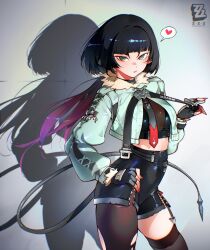  animal_ears aqua_eyes aqua_jacket black_gloves black_hair black_pantyhose black_shorts black_thighhighs breasts cesar_art456 cleavage cowboy_shot crop_top female fingerless_gloves fur-trimmed_jacket fur_trim gloves heart highleg_shorts highres jacket jane_doe_(zenless_zone_zero) large_breasts long_hair looking_at_viewer midriff mouse_ears mouse_girl mouse_tail multicolored_hair necktie pantyhose red_hair see-through see-through_cleavage shadow shorts single_leg_pantyhose single_thighhigh solo spoken_heart tail thighhighs thighs tile_wall tiles torn_clothes torn_pantyhose two-tone_hair two-tone_necktie zenless_zone_zero 