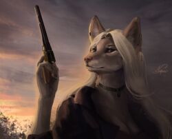  anthro armed blonde_hair breasts canid canine canis choker collar coyote domestic_dog dramatic_lighting dusk evening female female/female fur grey_body gun hair holding_(disambiguation) humanoid_pointy_ears hybrid jewelry lexy looking_at_viewer mammal medium_breasts necklace nyrox_(artist) pink_nose portrait ranged_weapon solo sunset weapon white_body white_fur wolf 