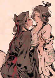  2girls absurdres black_hair black_hanfu breasts chinese_clothes chinese_hairpin cleavage closed_eyes earrings genderswap_(mtf) hair_bun half-closed_eyes hanfu highres holding_hands hua_cheng interlocked_fingers jewelry koyasuyasuko12 leaning_forward long_hair looking_at_another multiple_girls rule_63 ruqun tianguan_cifu white_hanfu wide_sleeves xie_lian yuri 