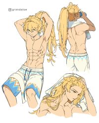  1boy abs aether_(genshin_impact) aether_(hot_springs)_(genshin_impact) ahoge arms_up artist_name blonde_hair can commentary cropped_legs drink_can drinking earrings english_commentary genshin_impact grandaloe hair_between_eyes hair_down hair_intakes hand_on_own_head highres holding holding_can jewelry long_hair looking_at_viewer male_focus male_swimwear messy_hair multiple_views official_alternate_costume parted_lips ponytail simple_background single_earring soda_can swim_trunks toned toned_male topless_male towel towel_around_neck towel_on_head tying_hair white_background white_male_swimwear white_towel yellow_eyes 