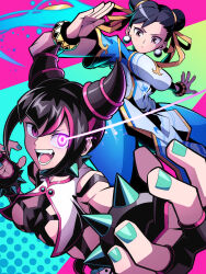  2girls black_hair blue_dress bracelet breasts brown_hair chun-li double_bun dress earrings green_nails hair_bun hair_horns highres jewelry juri_han looking_at_another multiple_girls official_alternate_costume open_mouth pechamaju purple_eyes spiked_bracelet spikes street_fighter street_fighter_6 striped_hair 