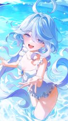  :d absurdres ahoge bare_shoulders blue_eyes blue_hair breasts collarbone commentary_request dasha female frilled_one-piece_swimsuit frills furina_(genshin_impact) genshin_impact hair_intakes highres long_hair looking_at_viewer one-piece_swimsuit open_mouth smile swimsuit thighs very_long_hair wading water white_one-piece_swimsuit 