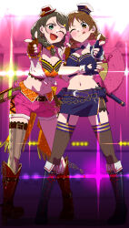  2girls ;d ;p absurdres akanishi_erika belt belt_pouch blue_footwear blue_gloves blue_shirt blue_skirt boots bow braid breasts brown_eyes brown_gloves brown_hair cleavage crop_top cross-laced_footwear cuffs dr._gero_(staedtler_0508) earrings finger_gun fingerless_gloves front-tie_top full_body garter_straps gloves green_eyes hair_ornament hairbow hand_fan handcuffs hat high_heels highres holding holding_fan holding_toy_gun holster idolmaster idolmaster_cinderella_girls jewelry katagiri_sanae large_breasts locked_arms long_hair looking_at_viewer medium_hair midriff mini_hat miniskirt multiple_girls nail_polish navel necktie one_eye_closed open_mouth pink_shorts pouch red_footwear red_nails shirt short_twintails shorts side_slit single_thighhigh skirt smile star_(symbol) star_hair_ornament stomach thighhighs tongue tongue_out toy_gun twin_braids twintails white_shirt 